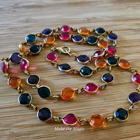 Vintage Jewelry - Vintage gem and Brass long necklace 28 inches high quality